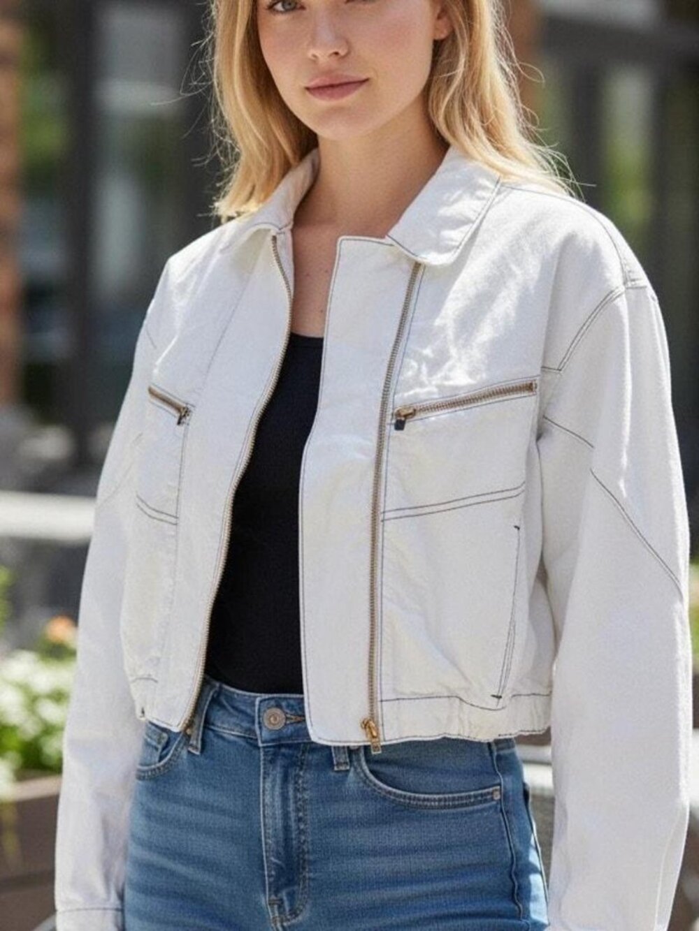 We The Free Cream Cropped Zip-Front Jean Jacket with Gold Hardware